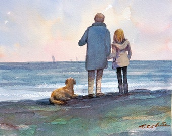 Ojciec i córka z psem na plaży: wydruk akwarelowy