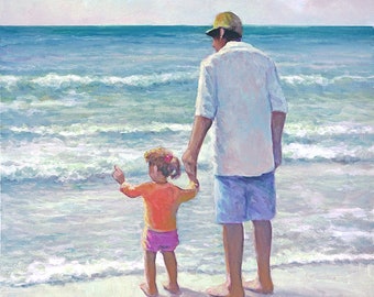 Father and Daughter on the Beach Art Print - Ocean, Waves, Nature