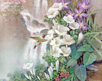 Colibríes con flores y cascada: Impresión de archivo de acuarela