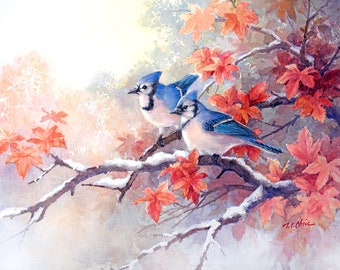 Arrendajo azul en un arce en un día soleado: Impresión artística en acuarela Giclée