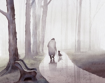 Mężczyzna spacerujący z psem w parku Oryginalna akwarela archiwalna