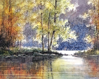 Otoño en el lago del bosque: Impresión artística de acuarela