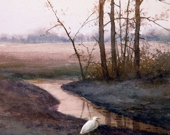 Czaple w jeziorze o wschodzie słońca: akwarela przedstawiająca dziką przyrodę