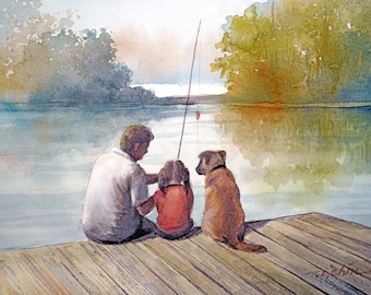 Padre e hija pescando en el muelle con perro: Impresión giclée de pintura en acuarela