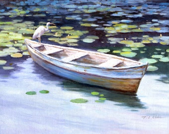 Egret on Boat Art Print of Watercolor Painting - Lake, Nature, Lily Pads