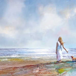 A Girl and her Dog on the Beach - Giclee Art Print