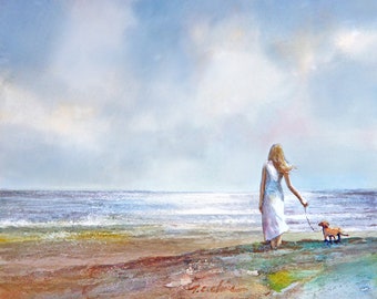 Una niña y su perro en la playa: Impresión artística de archivo Giclée