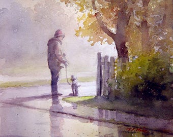 Człowiek i jego pies przyjaciel, akwarela, wydruk artystyczny - Przyjaźń, Towarzysz,