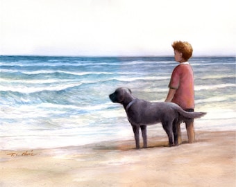 Chłopiec i pies na plaży: wydruk akwarelowy