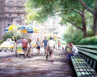 Scena uliczna Nowego Jorku wiosną i latem: wydruk artystyczny obrazu olejnego
