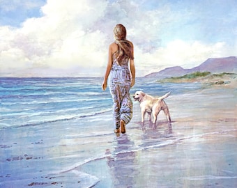 Dziewczynka z psem na plaży, wydruk artystyczny giclee o tematyce przyrodniczej