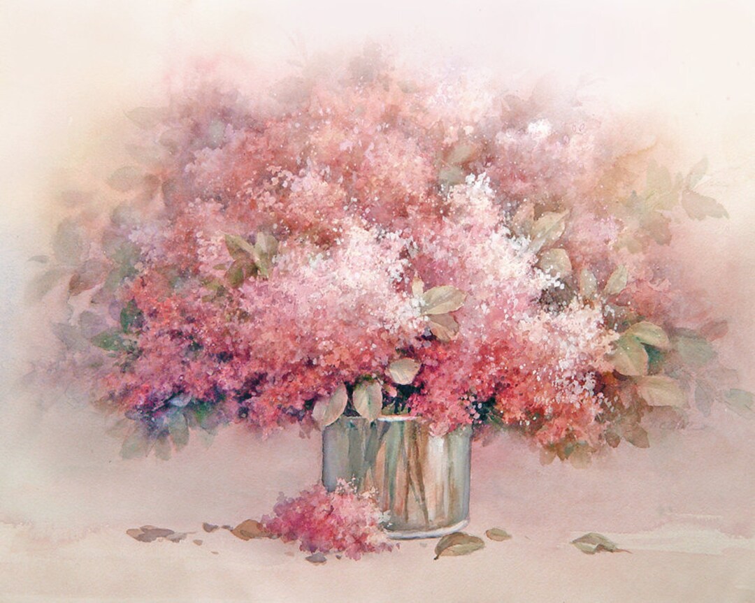 Lilac Flowers in Vase Floral Arrangement Watercolor Painting Giclee Art ...