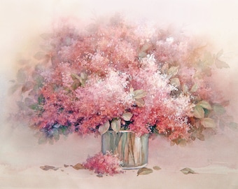 Lilac Flowers in Vase Floral Arrangement Watercolor Painting Giclee Art Print