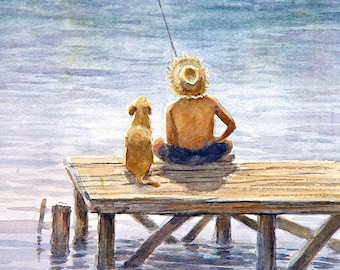 Niño y perro pescando en el muelle: Impresión artística en acuarela