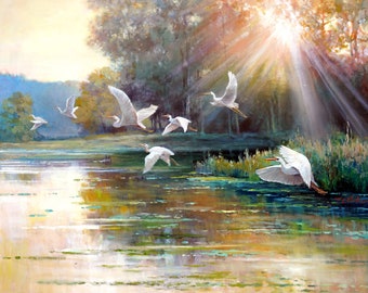 Garcetas volando sobre el lago al amanecer: Impresión artística original en acuarela