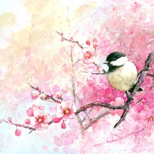 Chickadee, Pink Flowers - Art Print of Watercolor Painting