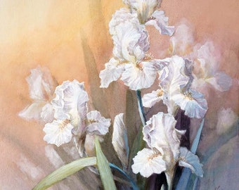 Lirios blancos en flor en primavera: Impresión artística floral en acuarela original