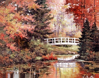 Fall Scene Art Print of Watercolor Painting - Trees, Nature, Lake, Peaceful Gift Watercolors