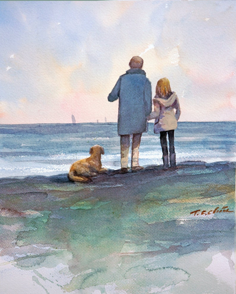 Father and Daughter on the Beach Art Print Ocean, Waves, Nature, Dog image 1