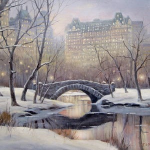 Central Park, New York Manhattan Original Oil Painting Archival Print - Cityscape, Winter Scene, Building, Snow, Stone Bridge, Stream