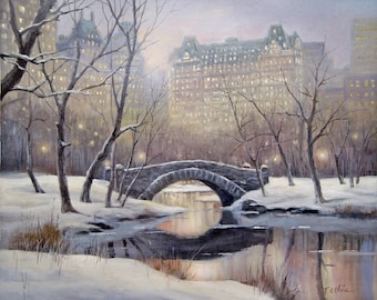 Central Park, New York Manhattan Original Oil Painting Archival Print - Cityscape, Winter Scene, Building, Snow, Stone Bridge, Stream