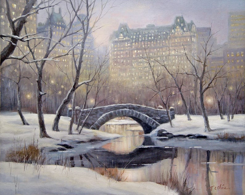 Central Park, New York Manhattan Original Oil Painting Archival Print Cityscape, Winter Scene, Building, Snow, Stone Bridge, Stream image 1