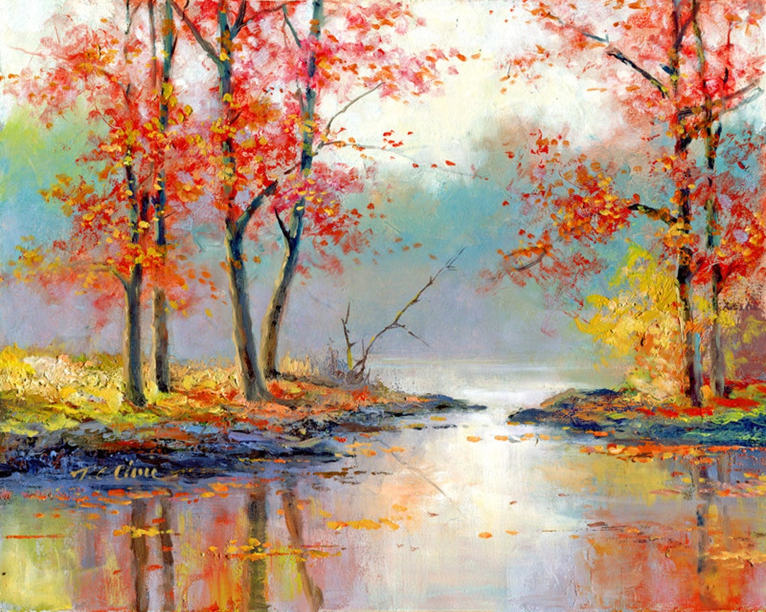 秋の風景の水彩画アートプリント - 木、自然、湖、平和なギフト