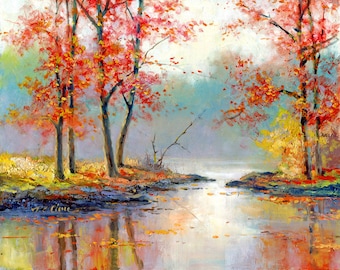 Fall Scene Art Print of Watercolor Painting - Trees, Nature, Lake, Peaceful Gift Watercolors