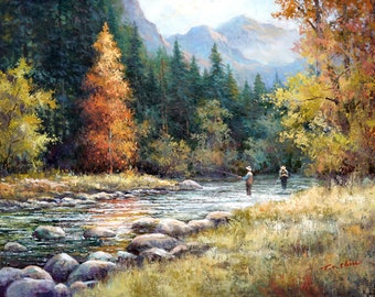 Wędkarstwo muchowe nad jeziorem jesienią. Akwarela. Wydruk artystyczny.