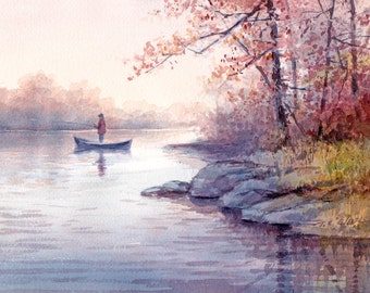 Pesca en canoa al amanecer en el lago: Impresión artística en acuarela giclée