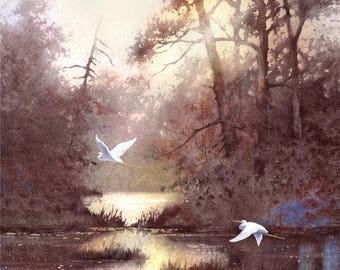 Egret Bird Art Print of Watercolor Painting  - Wildlife, Nature, Lake, Forest, Trees, Peaceful Gift Watercolors