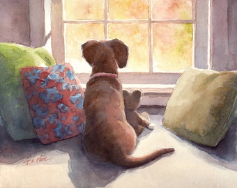 Perro con osito de peluche mirando por la ventana: Impresión artística en acuarela