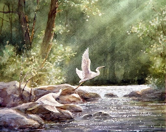 Egrets flying - Wildlife Art Print of Watercolor Painting - Birds, Egrets, Trees, Lake, Sunrise