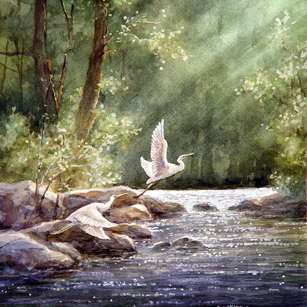 Aigrettes volantes - impression d'art animalier de peinture à l'aquarelle - oiseaux, aigrettes, arbres, lac, lever de soleil