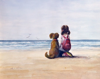 A Girl and Her Dog Friend  Art print of Watercolor Painting -  Child, Pet, Girl's Room, Friendship, childhood, Companion, Beach