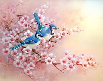 Bluejay on Cherry Blossoms - Watercolor Painting Archival Giclee Art Print