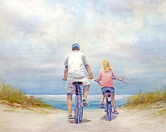 Ojciec i córka jeżdżący na rowerach po plaży, akwarela, wydruk artystyczny