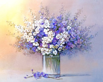 Kompozycja kwiatowa z fioletowymi i białymi kwiatami: wydruk artystyczny w technice olejnej