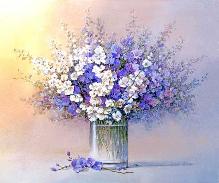 Violet and White Flowers in a Vase Art Print of Oil Painting Flower