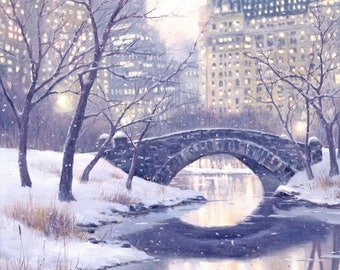 Nueva York, Puente de Central Park en invierno: Impresión artística de pintura al óleo