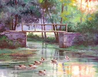 Patos nadando en un lago bajo un puente. Escena primaveral: Impresión artística en acuarela.