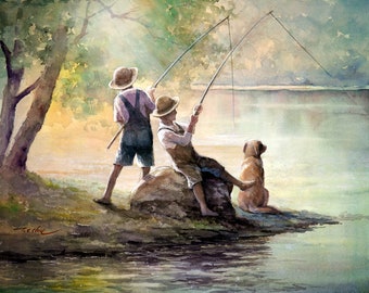 Niños pescando en el arroyo del lago con perro: pintura de acuarela, impresión artística giclée