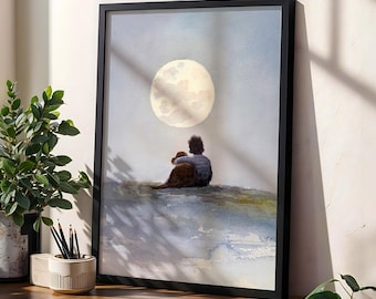 Chłopiec i jego pies wpatrujący się w księżyc: wydruk artystyczny akwarelowy