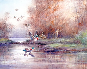 Ducks Flying Over River Watercolor Painting Art Print - Forest Wildlife, Trees, Lake, Nature