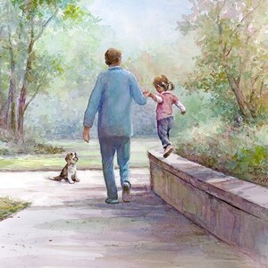 Father, Daughter and their Dog - Art print of watercolor painting
