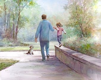 Father with Daughter and Dog Taking a Stroll - Watercolor Painting Art Print