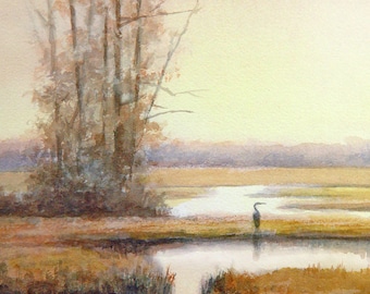 Garceta en el pantano al amanecer: Impresión artística giclée de pintura en acuarela
