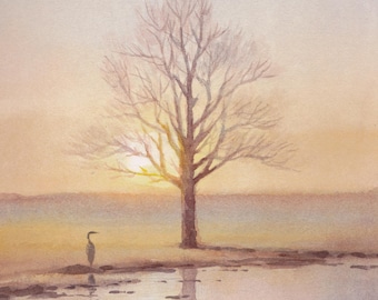Garceta mirando un árbol al amanecer: Impresión artística de pintura en acuarela