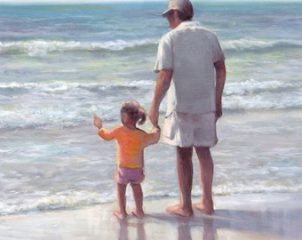 Padre e hija en la playa mirando el océano: Impresión artística de archivo de pintura en acuarela