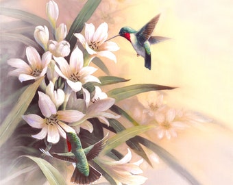 Kolibry i lilie: akwarela, wydruk archiwalny